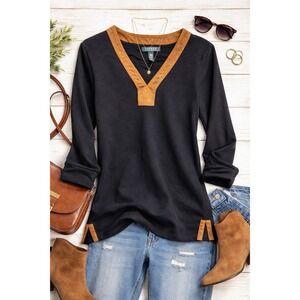 Lauren Ralph Lauren Black Cotton V-Neck Top with Tan Suede Trim Size M